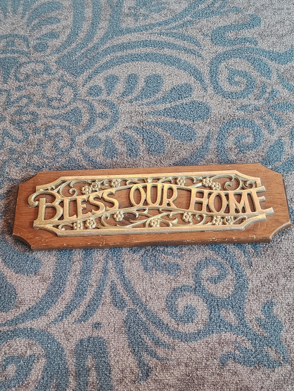 Vintage Bless Our Home Plaque Brass Toned Metal On Wood